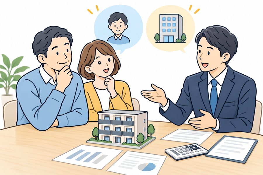 賃貸物件の模型と収支資料を見ながら、個人経営と法人化を相談するイラスト