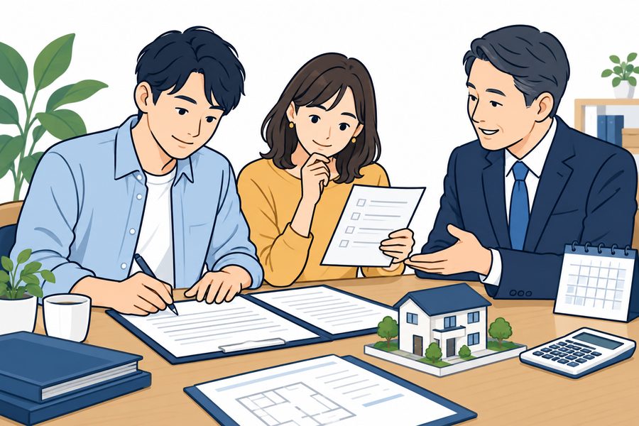 売主と買主の合意内容を確認し、売買契約の手続きを進める場面