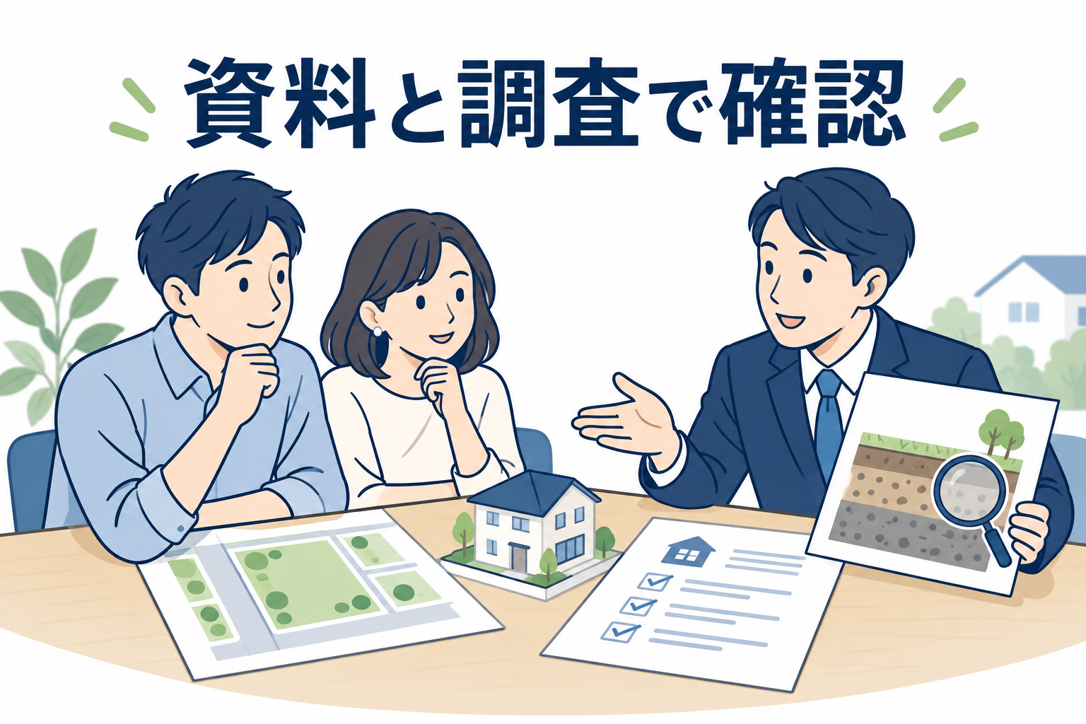 土地や中古住宅の資料と調査内容を相談するイメージ