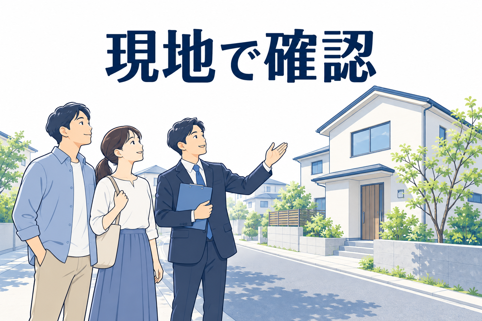 購入前に現地で周辺環境や道路を確認するイメージ