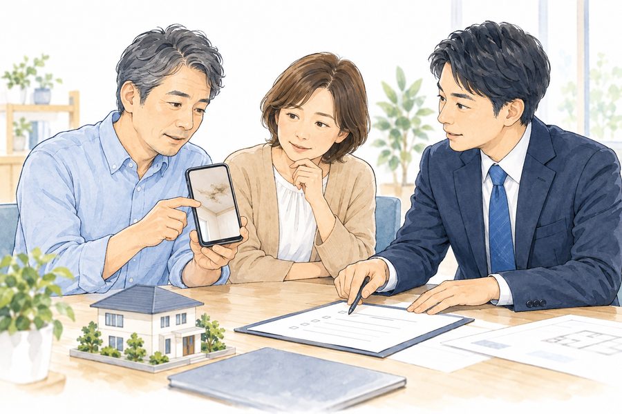 購入後に気づいた不具合の写真と取引資料を担当者に見せて相談するイメージ