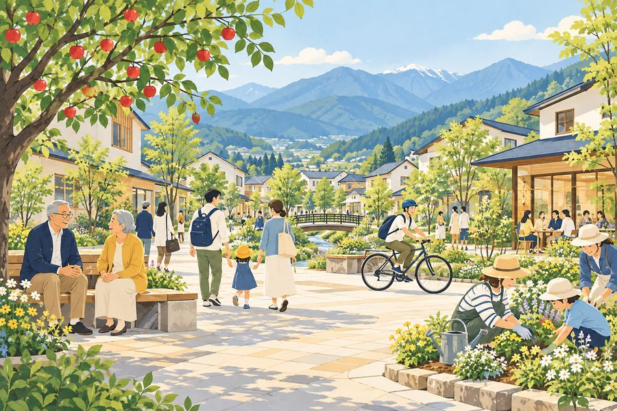 多世代の人々が緑のある街で交流する、飯田の未来づくりをイメージしたイラスト