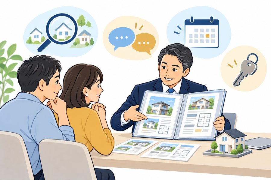 物件資料を整理し、お客様の希望や取引の進め方を説明する仲介担当者のイラスト