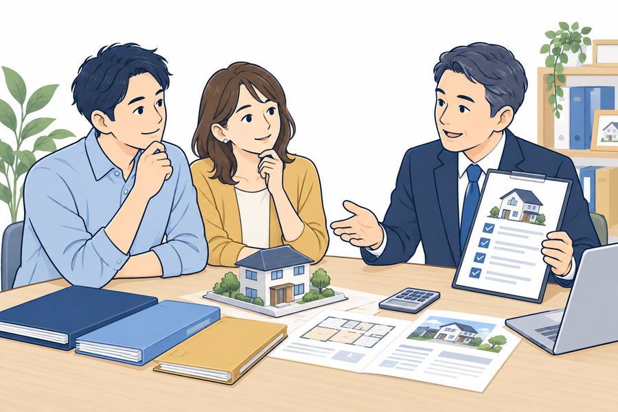 物件資料を見ながら、相談者の希望と確認事項を話し合う仲介担当者のイラスト