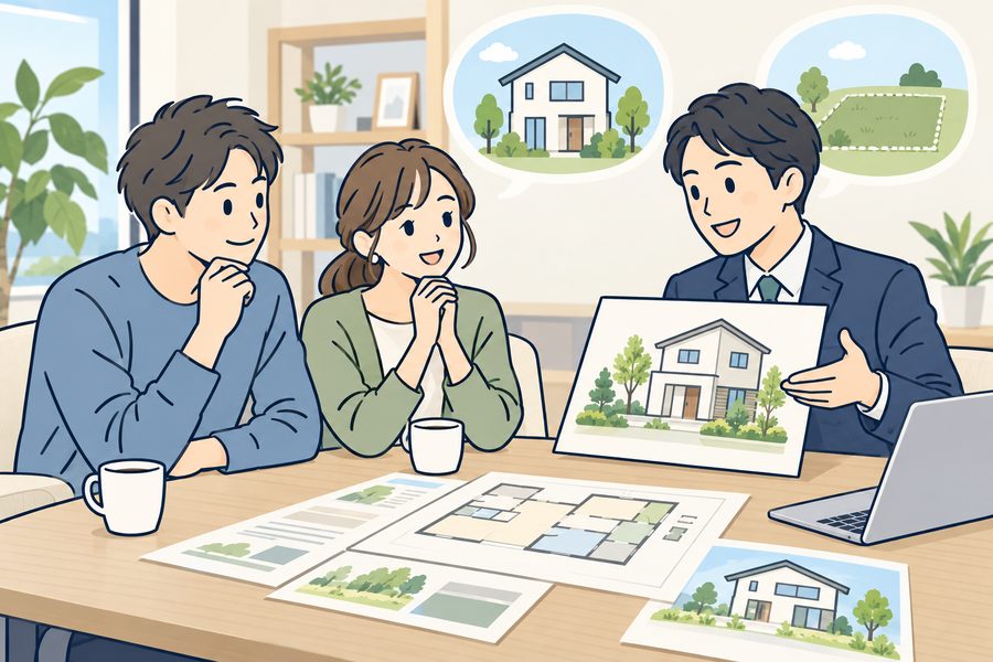 住まいや土地について、お客様と相談員が資料を見ながら話すイメージイラスト