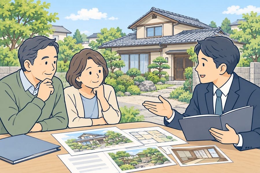 相続した空き家の今後について家族と相談員が考えるイメージイラスト