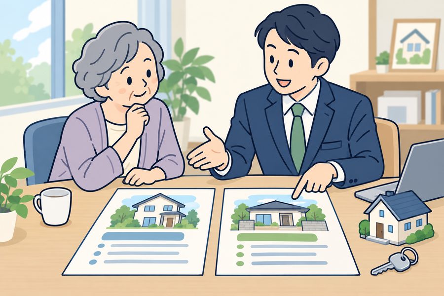 売却方法や査定について所有者と相談員が話すイメージイラスト