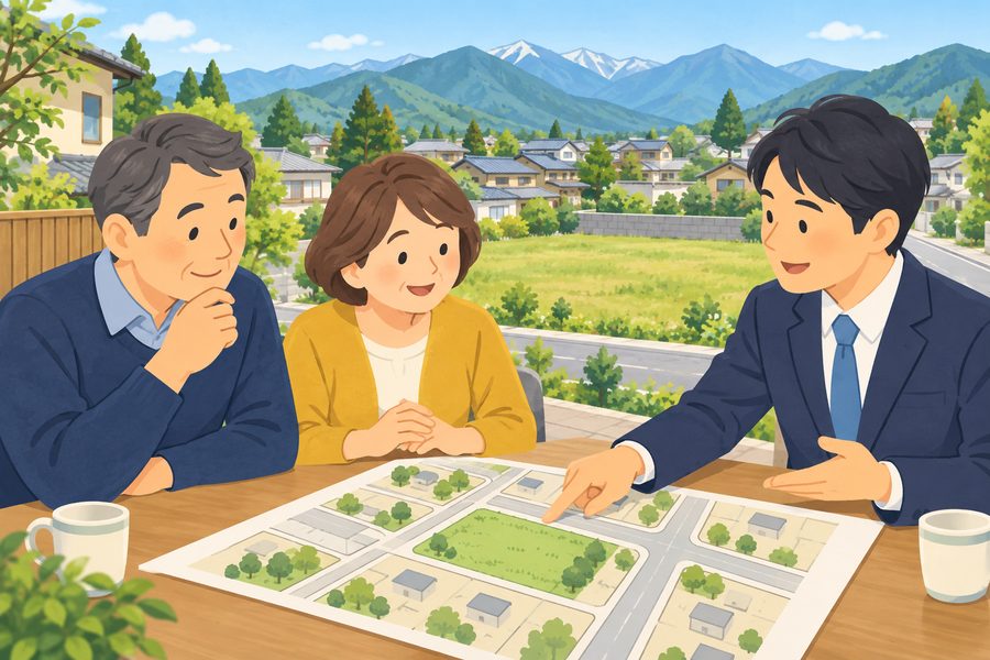 土地所有者が資料を見ながら代替地候補の条件を相談するイメージイラスト